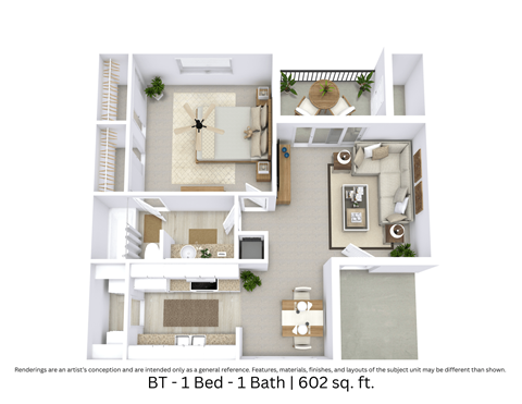 This is a 3D-floor plan providing a detailed, angled view of the space with room layouts, furniture placement, and spatial flow. Features 1 bedroom, 1 bathroom, and approximately 602 Sq. Ft.